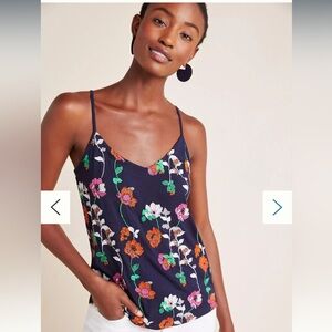 Anthropologie Navy Kellen Embroidered Floral Camisole Tank Adjustable Straps XS